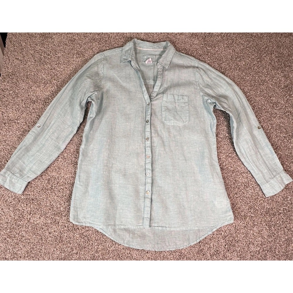 Sigrid‎ Olsen 100% Linen Button Down Shirt Sz M Blue Hi Low Long Sleeves Pocket
